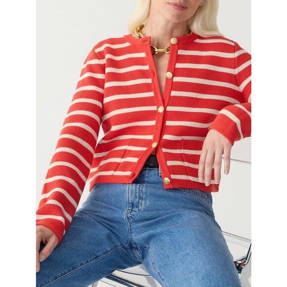 [J. Crew] Red Striped Emilie Knit Sweater Lady Jacket Preppy Cardigan Sz Large L - Picture 1 of 12